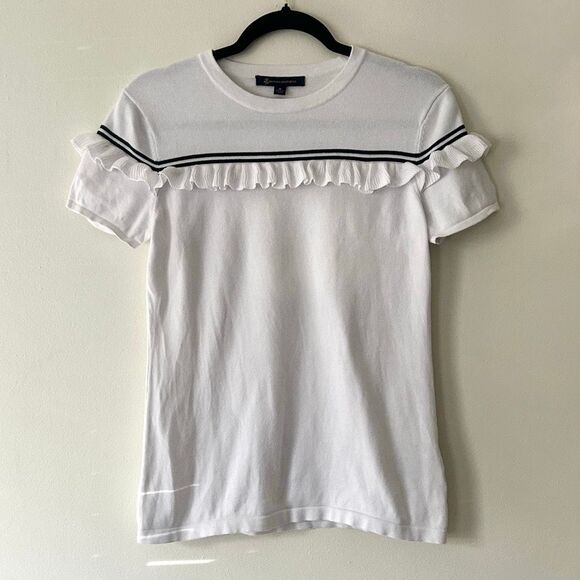 Brooks Brothers Womens Short Sleeve Wool Sweater T-Shirt M Ruffles White Black - Picture 1 of 5